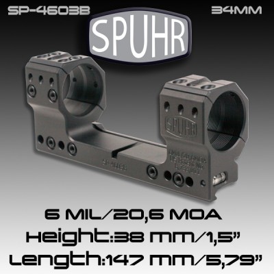 Тактический кронштейн SPUHR D34мм для установки на Picatinny, H38мм, наклон 6MIL/20.6MOA (SP-4603B) для прицелов BEAST